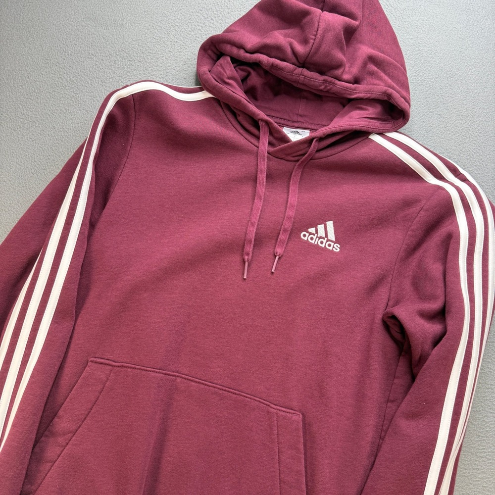 Adidas Essentials 3-Stripes Hoodie Mens Small Burgundy Cotton Blend Pullover
